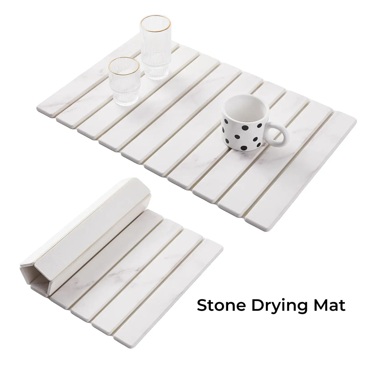 Large Diatomaceous Earth Stone Dish Drying Mat, 24" × 16" Super Absorbent Kitchen Counter Mat, Heat Resistant White Marble Drying Pad for Tableware, Eco-Friendly Stone Mat for Dishes, Coasters & Stainless Steel Kitchenware