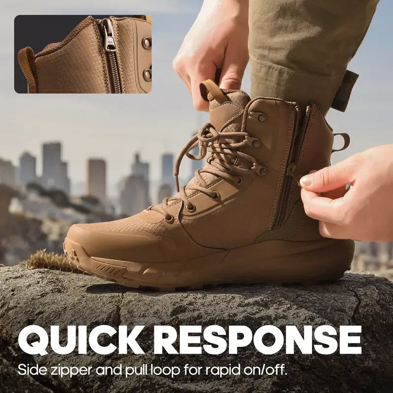 【Fall Deals】 Metrostrike Men's 8-in Closed Design Plain Nylon Cloth Round Toe Laced Tactical Walking Shoes, Lightweight Shock-Absorbing Comfort, Side Zipper Mesh Hiking Work Safety Footwear for Workers - Father's Day Gift,outdoorfun