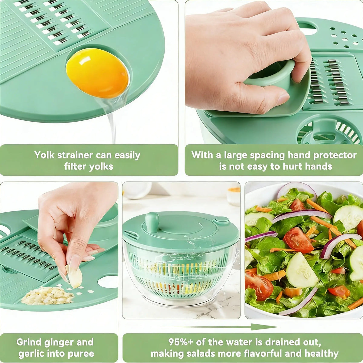 3-in-1 Large Salad Spinner, 5.3 Quart Lettuce Dryer with Strainer Bowl, Multi-Functional Kitchen Gadget Set with Slicer & Egg Yolk Separator, Fruit & Vegetable Washing Bowl for Quick Salad Prep