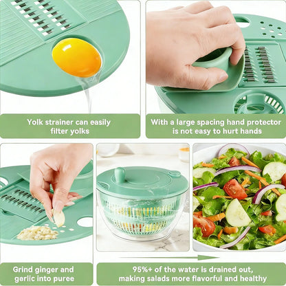 3-in-1 Large Salad Spinner, 5.3 Quart Lettuce Dryer with Strainer Bowl, Multi-Functional Kitchen Gadget Set with Slicer & Egg Yolk Separator, Fruit & Vegetable Washing Bowl for Quick Salad Prep