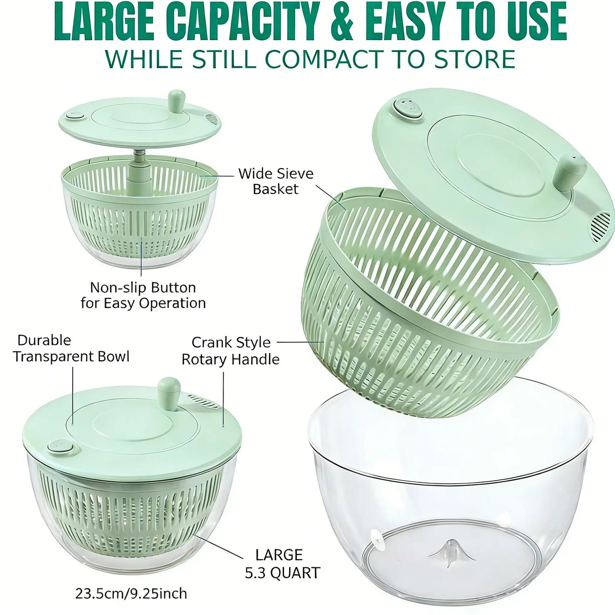 3-in-1 Large Salad Spinner, 5.3 Quart Lettuce Dryer with Strainer Bowl, Multi-Functional Kitchen Gadget Set with Slicer & Egg Yolk Separator, Fruit & Vegetable Washing Bowl for Quick Salad Prep
