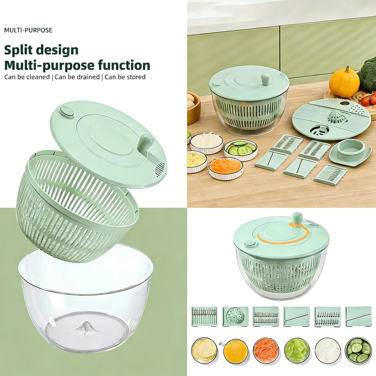 3-in-1 Large Salad Spinner, 5.3 Quart Lettuce Dryer with Strainer Bowl, Multi-Functional Kitchen Gadget Set with Slicer & Egg Yolk Separator, Fruit & Vegetable Washing Bowl for Quick Salad Prep